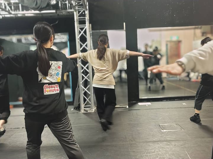 両腕を横に広げ、鏡に向かって振り付けを確認する団員たち｜劇団カスタリア ダンス基礎練習