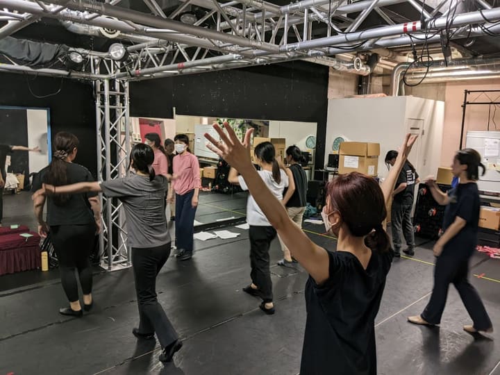 鏡に向かって両腕を斜め上へ伸ばし、振付をそろえる団員たち|劇団カスタリア「TRIP」ダンス稽古