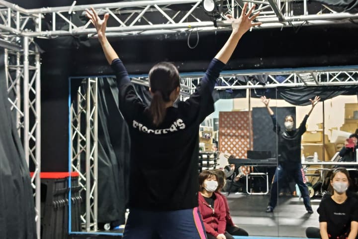 両腕を頭上いっぱいに伸ばし、鏡に向かって上体を反らす団員｜劇団カスタリア ダンス稽古
