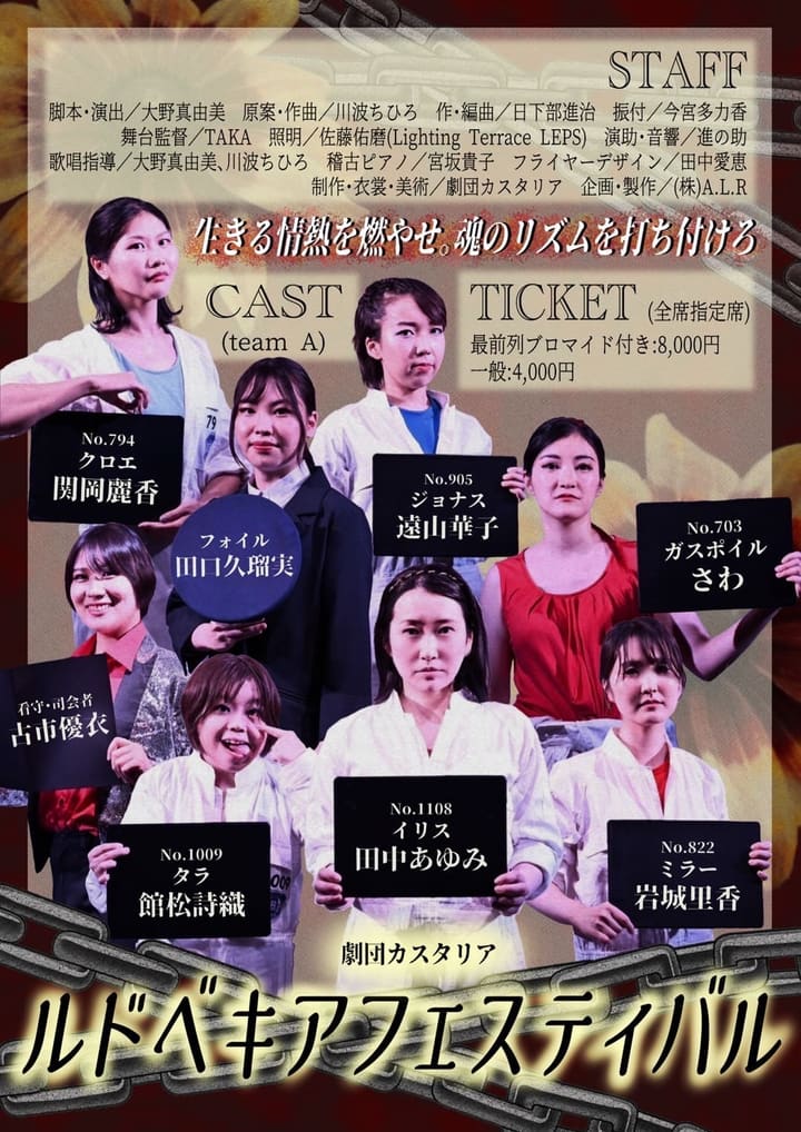囚人番号の札を掲げたキャスト10名とスタッフ一覧を載せた公演チラシ|劇団カスタリア「ルドベキアフェスティバル」