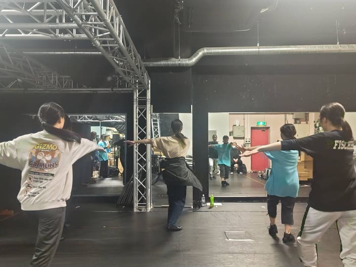 腕を横へ伸ばし、片脚を後ろへ引く基礎の姿勢を鏡の前でそろえる団員たち|劇団カスタリア ダンス稽古